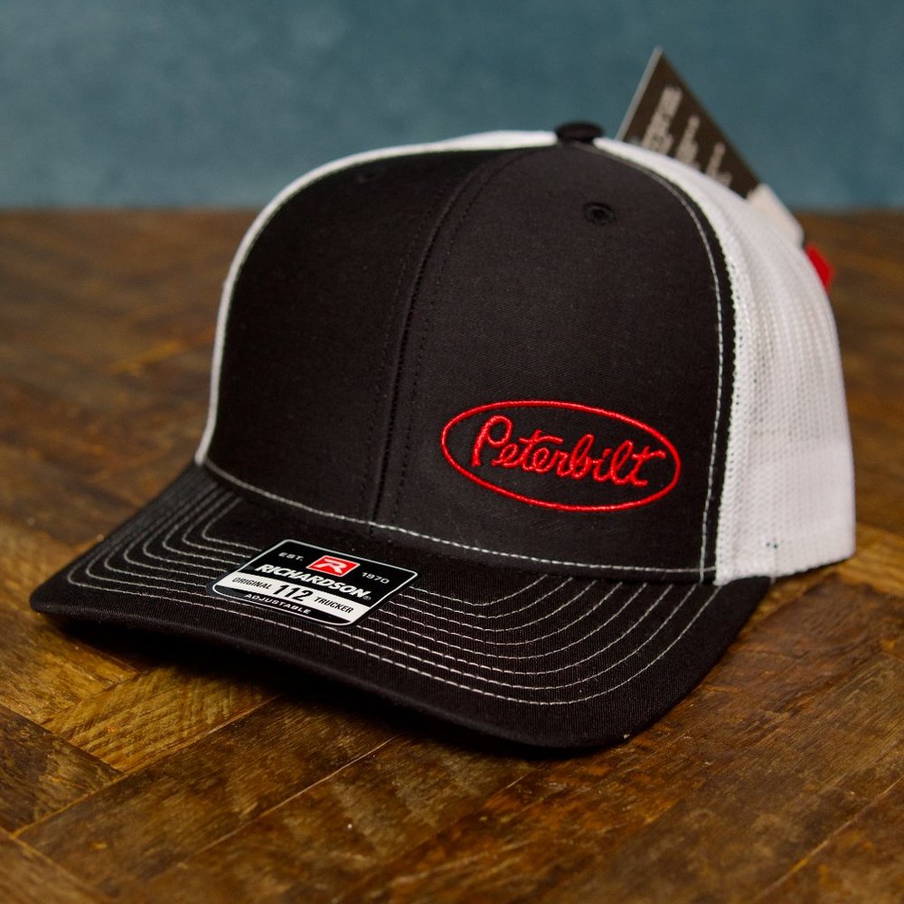 New - Peterbilt Richardson 112 Black/White Trucker Cap Hat Snapback Embroidered